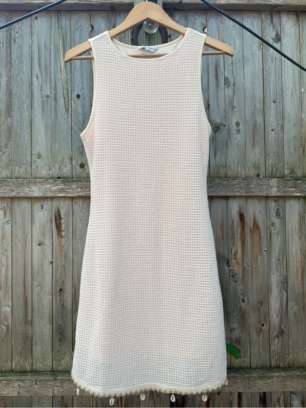 Cupshe Cream Waffle Knit Sheath Dress with Shell and Bead Fringe Festival Costal